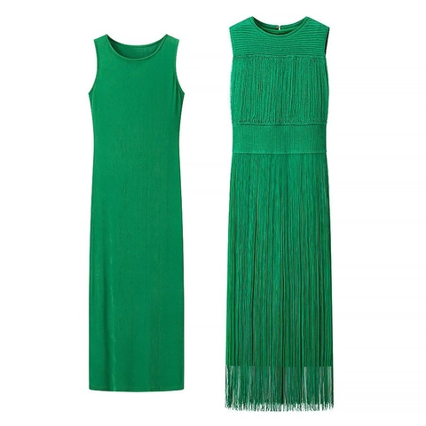 Women Sleeveless Round Neck Tassel Dress And Slip Dress Outfits Knitted Pleated Mini Skirt Outfits Elegant Streetwear