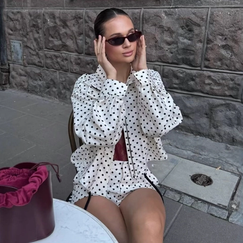 Giacca da Donna a Pois con Collo in Piedi Manica Lunga Coulisse sul Fondo Bomber Casual Elegante Capispalla per Donna
