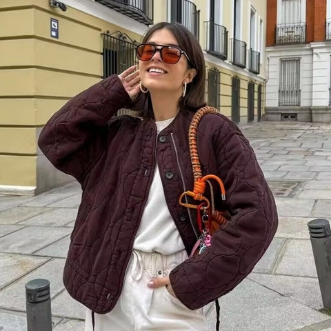 Damen Rundhals Zwiebelsteppjacke Leichte Wattierte Pufferjacke Langarm Knöpfe Reißverschluss Casual Streetwear Oberbekleidung