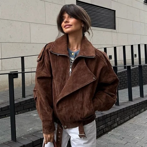 Maillard Stil Braun Wildleder Biker Jacke Für Damen Casual Oversized Oberbekleidung Mit Gürtel Reverskragen Langarm Reißverschluss Mantel