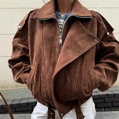 Damenjacke Aus Wildlederimitat Vintage Kurz Motorradjacke Mit Gürtel Revers Streetwear Übergangsjacke