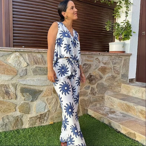 Damen Bohemian Blumendruck V-Ausschnitt Ärmelloses Oberteil Und Lange Hose Zweiteiliges Urlaubs Outfit Casual Sommer Kleidung