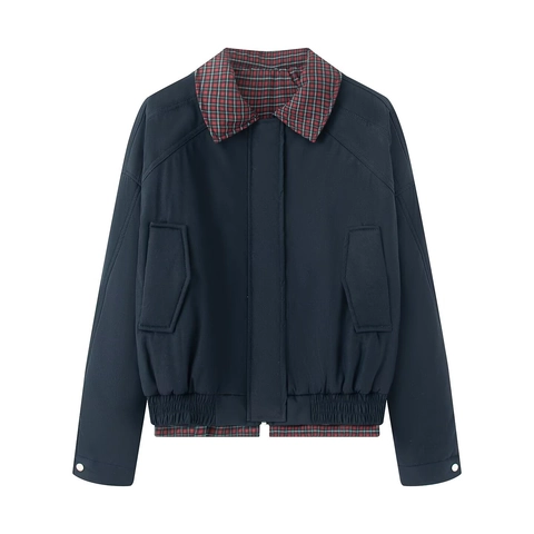 Chaqueta Acolchada para Mujer con Cuello Harrington Patchwork de Cuadros Abrigo de Algodón Holgado Vintage Streetwear Casual