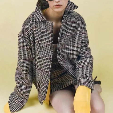 Veste Rembourrée à Carreaux Pied-de-poule Vintage pour Femme Extérieur Décontracté avec Boutons et Revers Manteau d'Hiver