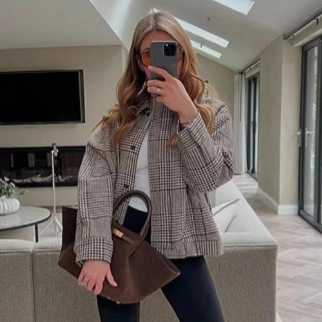 Veste Rembourrée à Carreaux Pied-de-poule Vintage pour Femme Extérieur Décontracté avec Boutons et Revers Manteau d'Hiver