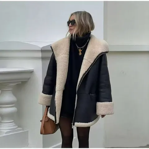 Damen Mode Kunstleder Lammfell Jacke Übergröße Kontrast Futter Winter Warm Flieger Biker Mantel Für Damen