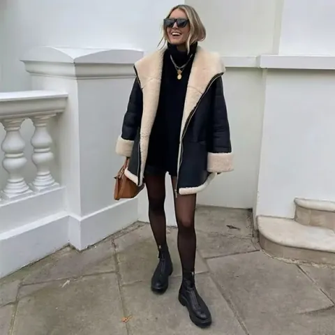 Damen Mode Kunstleder Lammfell Jacke Übergröße Kontrast Futter Winter Warm Flieger Biker Mantel Für Damen