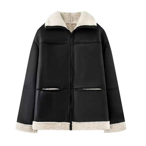 Dames Oversized Kunstleren Jas Met Voering Van Imitatielamsvacht Revers Rits Casual Winter Streetwear Bovenkleding