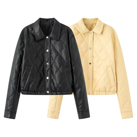 Giacca Trapuntata in Ecopelle da Donna Motivo a Rombi Colletto a Revers Cappotto Puffer Corto Con Bottoni Casual