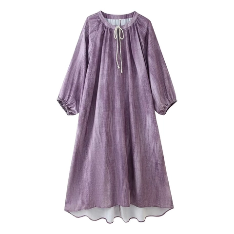 Dames Elegante Polyester Tie Dye Midi Jurk Ronde Hals Trekkoord Lantaarnmouw High Low Zoom Losse Vakantie Jurk