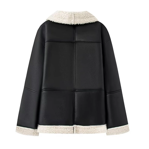 Dames Oversized Kunstleren Jas Met Voering Van Imitatielamsvacht Revers Rits Casual Winter Streetwear Bovenkleding