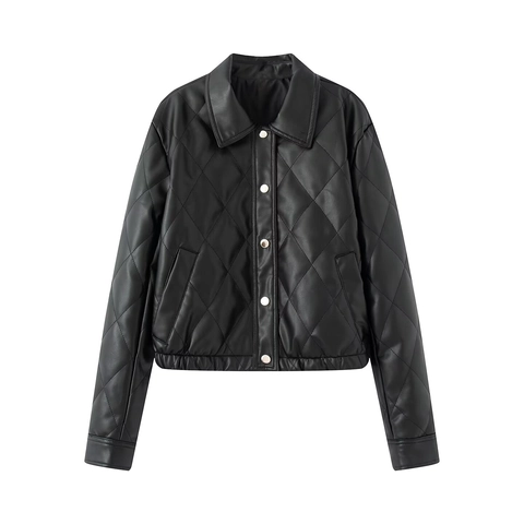 Giacca Trapuntata in Ecopelle da Donna Motivo a Rombi Colletto a Revers Cappotto Puffer Corto Con Bottoni Casual