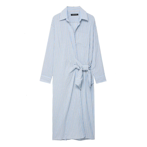 Damen Elegant Vertikal Gestreiftes Hemdblusenkleid Midi Langarm Reverskragen Bindegürtel Casual Hellblau Weiß Gestreift Büro Kleid