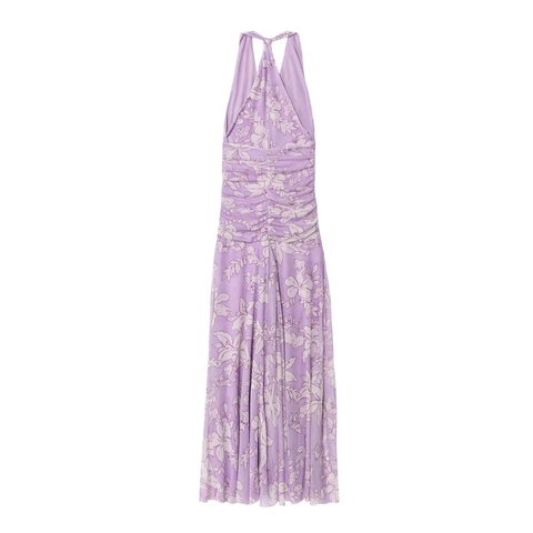 Damen Neckholder V Ausschnitt Blumendruck Netzgewebe Maxi Kleid Rückenfrei Gerafft Sommer Elegant Ärmellos Party Kleid