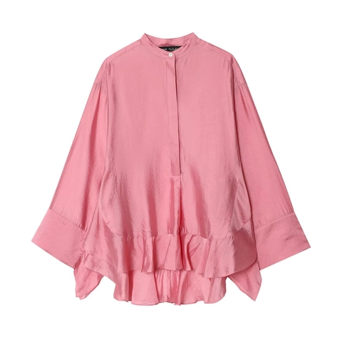 Camicia Manica Lunga in Raso Tinta Unita Con Volant Collo Rialzato Davanti Corto Dietro Lunga Blusa Donna Elegante