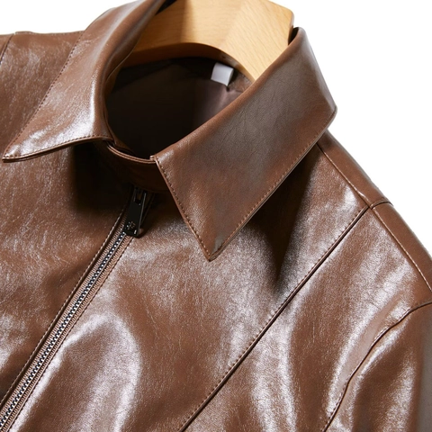 Women's Faux PU Leather Jacket Lapel Collar Zip Up Short Biker Coat Vintage Coffee Color Outerwear Split Cuffs Streetwear