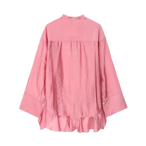 Camicia Manica Lunga in Raso Tinta Unita Con Volant Collo Rialzato Davanti Corto Dietro Lunga Blusa Donna Elegante