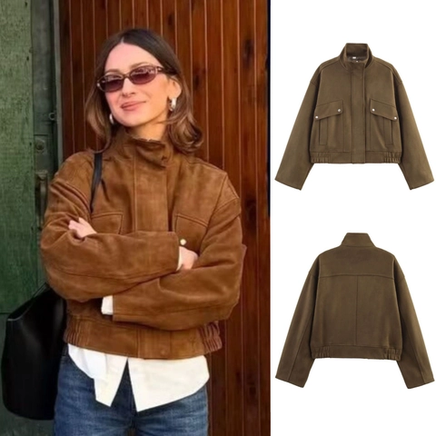 Giacca da Donna Vintage in Camoscio Marrone con Collo Rialzato Cappotto Corto Retro Utility con Grandi Tasche con Patta e Bottoni Argento