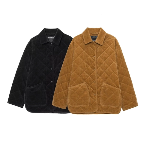 Veste Matelassée en Velours Côtelé Vintage pour Femme Décontracté Ample Losanges Poches Col Rabattu Manteau à Manches Longues