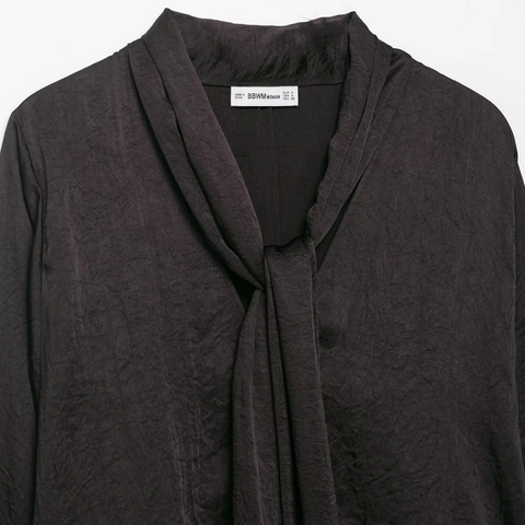Blusa Elegante de Satén Plisado para Mujer Con Lazo al Cuello Camisa de Manga Larga Ajustada Color Gris Oscuro