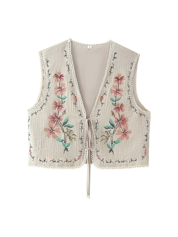 Women Vintage Floral Embroidered Vest Top Retro Polyester Lace Trim Sleeveless Waistcoat Tie Front Short Outerwear Streetwear