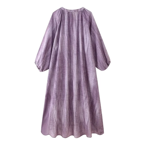 Dames Elegante Polyester Tie Dye Midi Jurk Ronde Hals Trekkoord Lantaarnmouw High Low Zoom Losse Vakantie Jurk