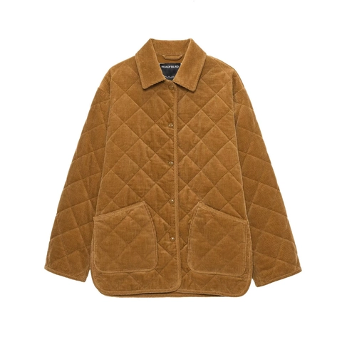 Veste Matelassée en Velours Côtelé Vintage pour Femme Décontracté Ample Losanges Poches Col Rabattu Manteau à Manches Longues