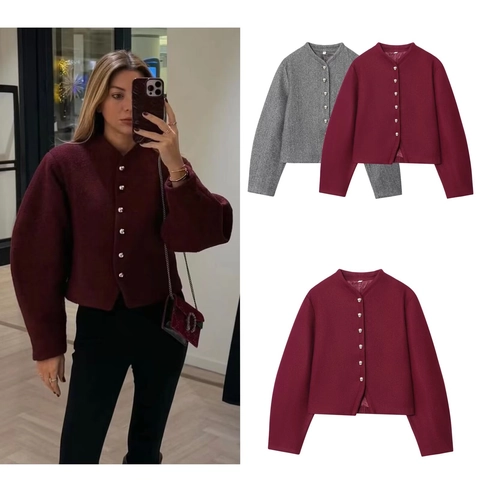 Women Elegant Round Neck Short Jacket With Silver Metal Buttons Lantern Sleeve Fashion Solid Color Casual Outerwear Coat