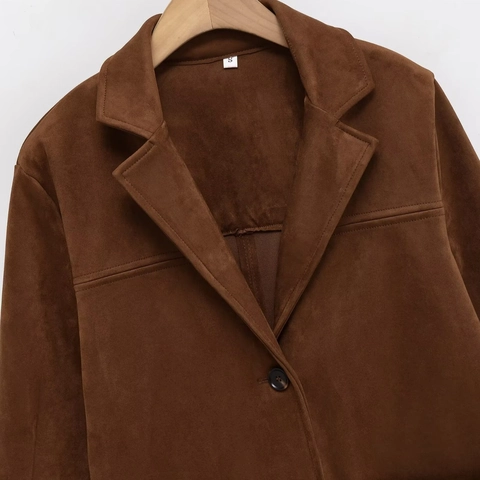 Dames Vintage Suède-look Jas Revers Single Breasted Blazer Bovenkleding Bruin Lange Mouw Polyester Mantel Met Opgestikte Zakken