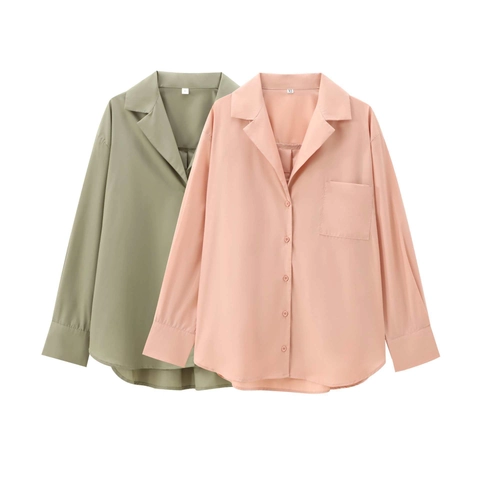 Camicia Casual da Donna a Maniche Lunghe con Revers Tinta Unita Decorazione Tasca Elegante Blusa Stile Europeo Monopetto