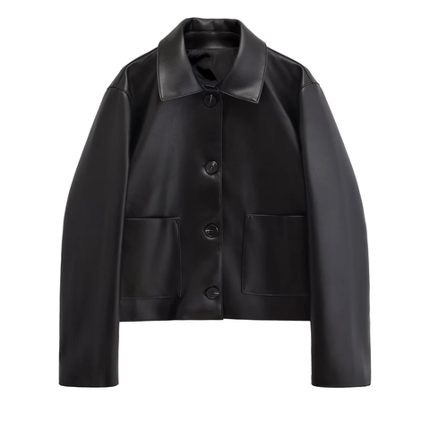 Damen Casual Schwarz Kunstleder Jacke Mode Cropped Outerwear Mit Revers Langarm Knopfleiste Streetwear Moto Mantel