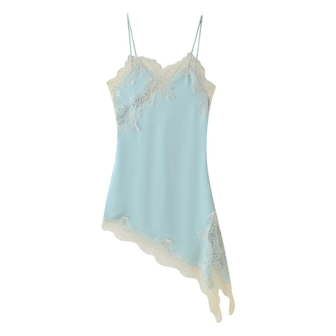 Abito da Donna Elegante in Raso Camisole Patchwork di Pizzo Orlo Asimmetrico Midi Slip Scollo a V Senza Maniche Party Evening Clubwear