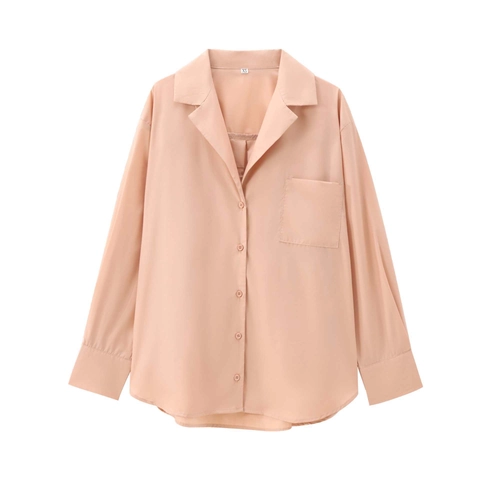 Camicia Casual da Donna a Maniche Lunghe con Revers Tinta Unita Decorazione Tasca Elegante Blusa Stile Europeo Monopetto