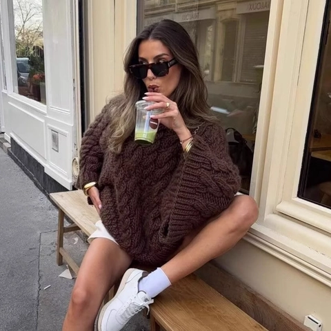 Pull Oversize Décontracté à Torsades pour Femmes Vintage Marron Col Rond Manches Longues Pull Ample Chaud Automne Hiver Tricots