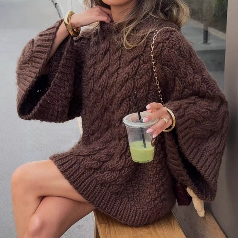 Pull Oversize Décontracté à Torsades pour Femmes Vintage Marron Col Rond Manches Longues Pull Ample Chaud Automne Hiver Tricots