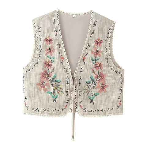 Women Vintage Floral Embroidered Vest Lace Trim Tie-Front Boho Waistcoat Cream Sleeveless Top Ethnic Style Summer Clothes