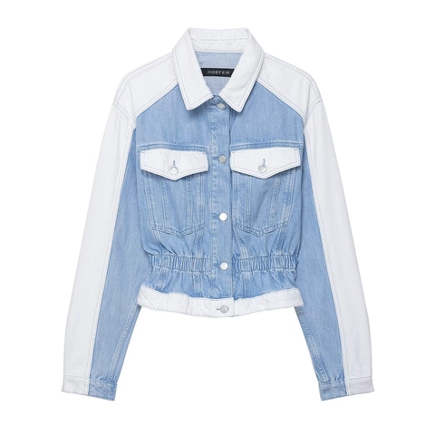 Women Fashion Patchwork Denim Jacket And Pants Set Blue White Contrast Two Piece Outfit Slim Streetwear Denim Set