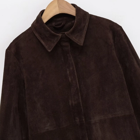 Women's Casual Faux Suede Shirt Jacket Western Style Long Sleeve Lapel Hidden Placket Solid Color Dark Brown Outerwear Coat