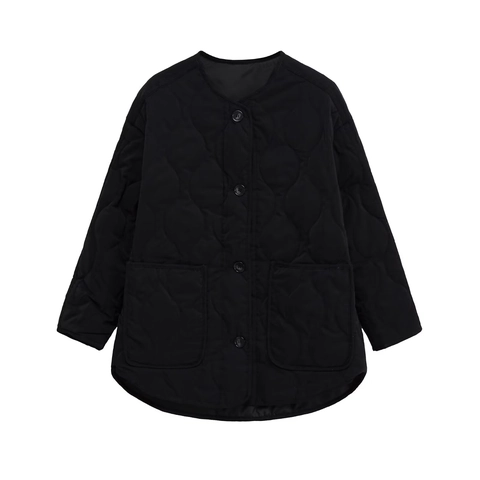 Women's Casual Quilted Jacket Round Neck Solid Color Lightweight Padded Coat With Pockets Loose Fit Fashion Outerwear For Women