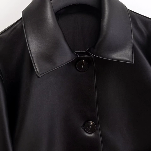 Damen Casual Schwarz Kunstleder Jacke Mode Cropped Outerwear Mit Revers Langarm Knopfleiste Streetwear Moto Mantel