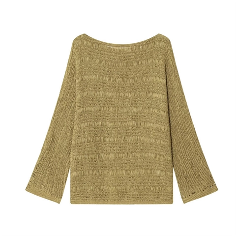 Women's Hollow-Out Knit Sweater Boat Neck Long Sleeve Loose Crochet Top Casual Open-Knit Streetwear Pullover Solid Color Jumper
