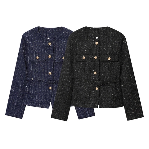 Damen Pailletten Tweed Jacke Rundhals Goldener Knopf Elegant Edel Slim Fit Langarm Kurz Oberbekleidung Eleganter Mantel Für Damen