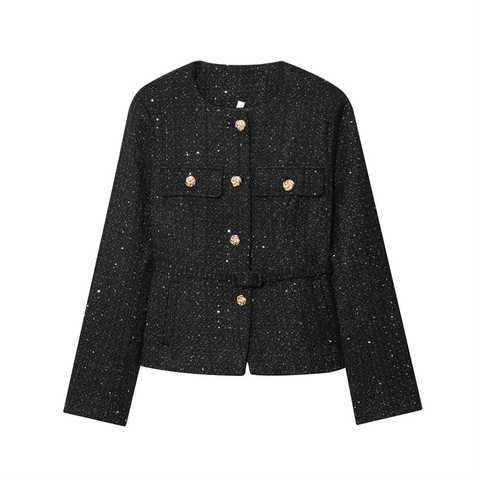 Damen Pailletten Tweed Jacke Rundhals Goldener Knopf Elegant Edel Slim Fit Langarm Kurz Oberbekleidung Eleganter Mantel Für Damen