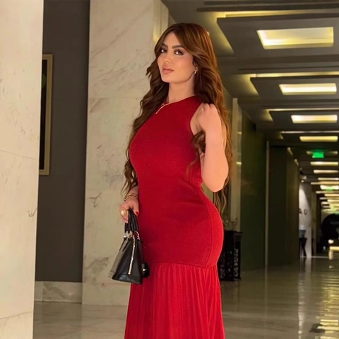 Vestido Maxi de Mujer Elegante Rojo Sin Mangas de Punto Patchwork Corte Ajustado Dobladillo Plisado Cuello Redondo Fiesta