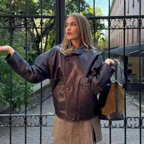 Chaqueta Bomber de Cuero PU Desgastado para Mujer Abrigo Oversize de Cuero Sintético Vintage Chaqueta de Aviador Con Bolsillos