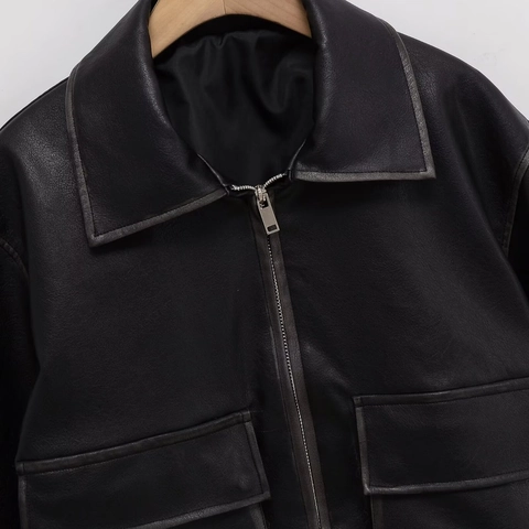 Chaqueta de Cuero Sintético para Mujer Color Sólido Solapa Corta Chaqueta Biker de PU Con Bolsillos Manga Larga Abrigo Con Cremallera