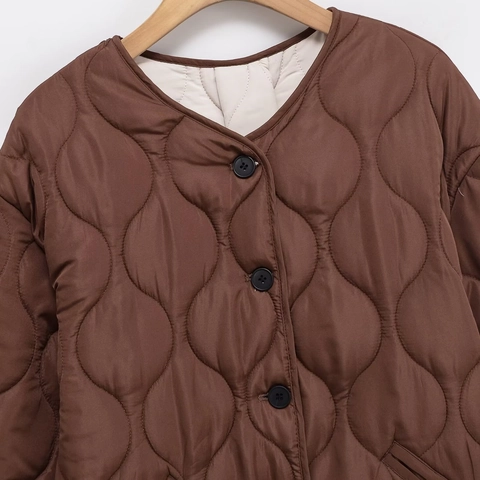 Women European Style Deep Brown Onion Quilted Jacket Round Neck Long Sleeve Single Breasted Coat Solid Color Outerwear