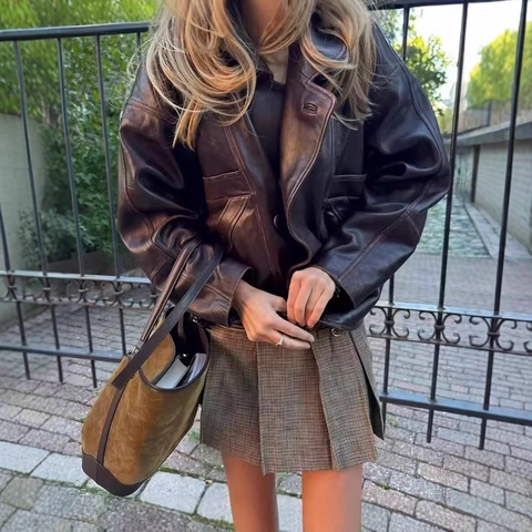 Chaqueta Bomber de Cuero PU Desgastado para Mujer Abrigo Oversize de Cuero Sintético Vintage Chaqueta de Aviador Con Bolsillos