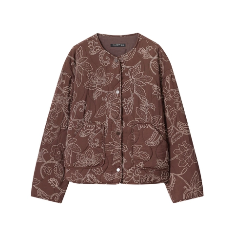 Women Vintage Brown Floral Embroidered Quilted Padded Jacket Loose Fit Round Neck Single Breasted Casual Warm Padded Coat