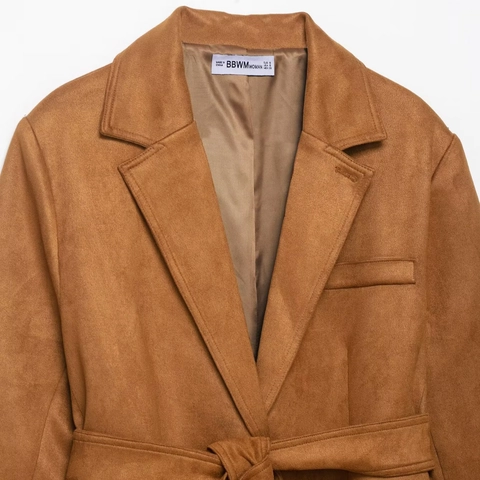 Women's Casual Faux Suede Blazer Jacket With Waist Belt Brown Solid Color Long Sleeve Lapel Loose Fit Outerwear Top